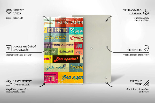 Üveg vágódeszka Feliratok Jó étvágyat nyelvek