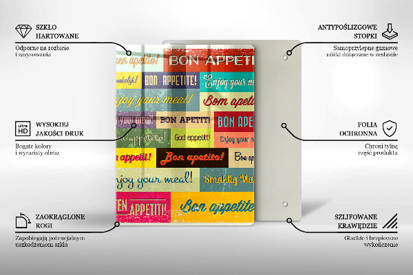 Üveg vágódeszka Feliratok Jó étvágyat nyelvek