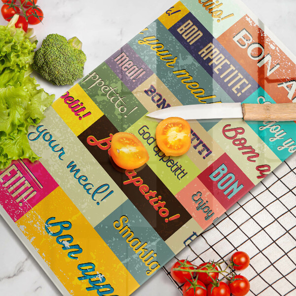 Üveg vágódeszka Feliratok Jó étvágyat nyelvek