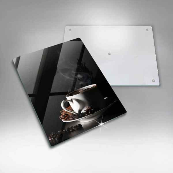 Üveg vágódeszka Egy csésze forró kávé