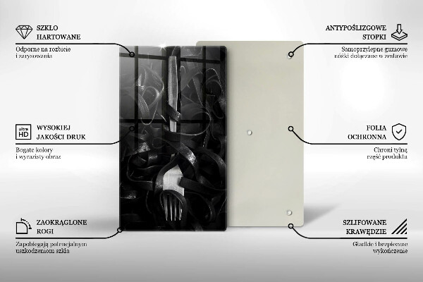 Üveg vágódeszka Fekete tészta és villa