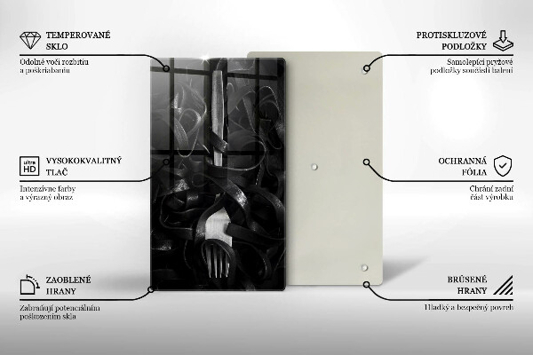 Üveg vágódeszka Fekete tészta és villa