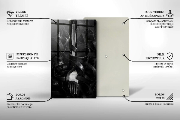 Üveg vágódeszka Fekete tészta és villa