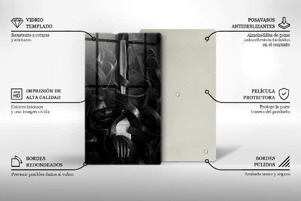 Üveg vágódeszka Fekete tészta és villa