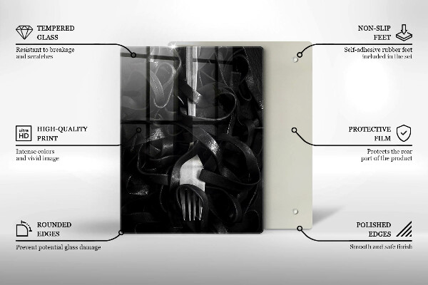 Üveg vágódeszka Fekete tészta és villa