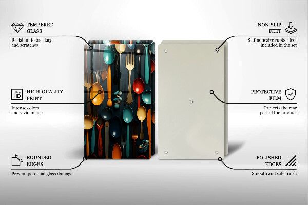 Üveg vágódeszka Színes kanalak és villák