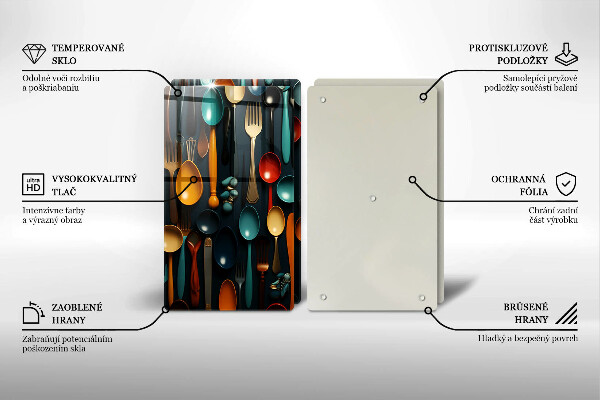 Üveg vágódeszka Színes kanalak és villák