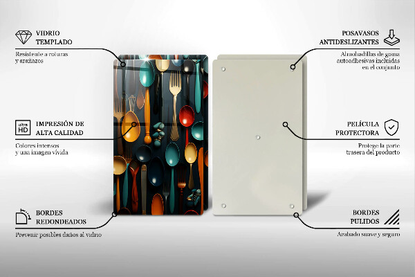 Üveg vágódeszka Színes kanalak és villák