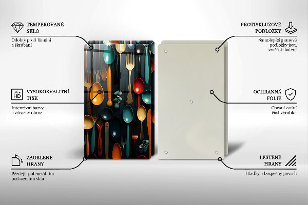 Üveg vágódeszka Színes kanalak és villák