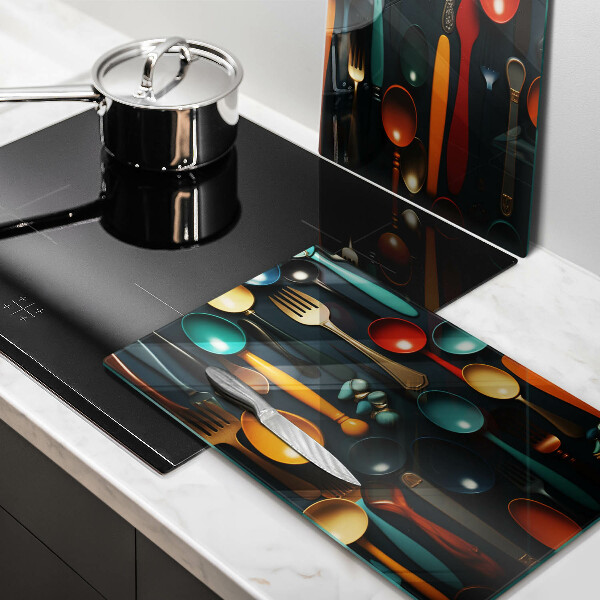 Üveg vágódeszka Színes kanalak és villák