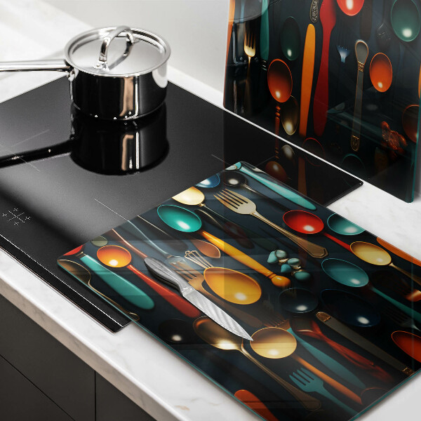 Üveg vágódeszka Színes kanalak és villák
