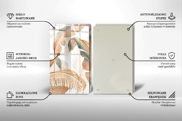 Üveg vágódeszka Boho tollak és levelek