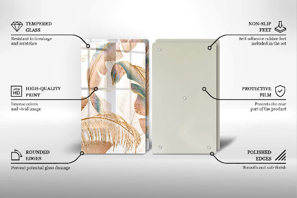 Üveg vágódeszka Boho tollak és levelek