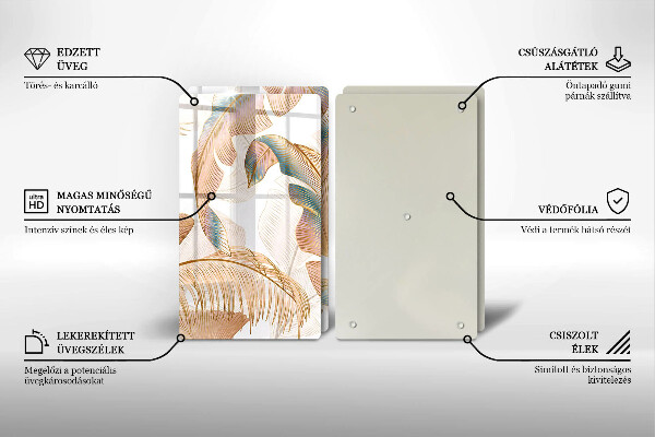 Üveg vágódeszka Boho tollak és levelek