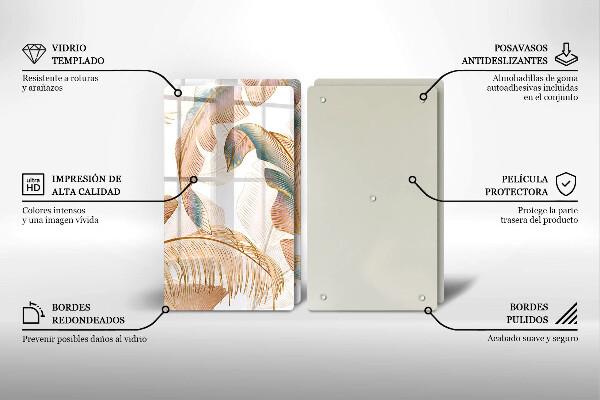 Üveg vágódeszka Boho tollak és levelek