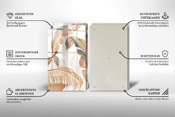 Üveg vágódeszka Boho tollak és levelek