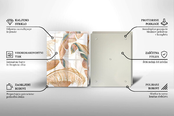 Üveg vágódeszka Boho tollak és levelek