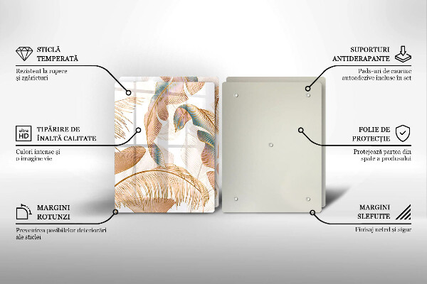 Üveg vágódeszka Boho tollak és levelek