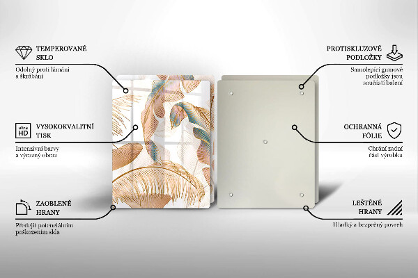 Üveg vágódeszka Boho tollak és levelek