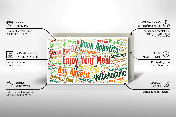 Üveg vágódeszka Feliratok Jó étvágyat nyelvek