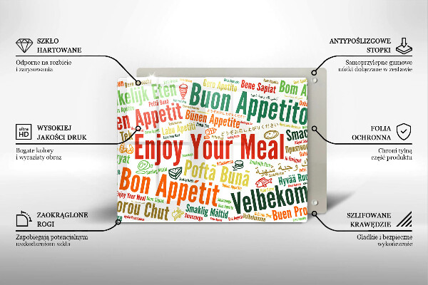Üveg vágódeszka Feliratok Jó étvágyat nyelvek