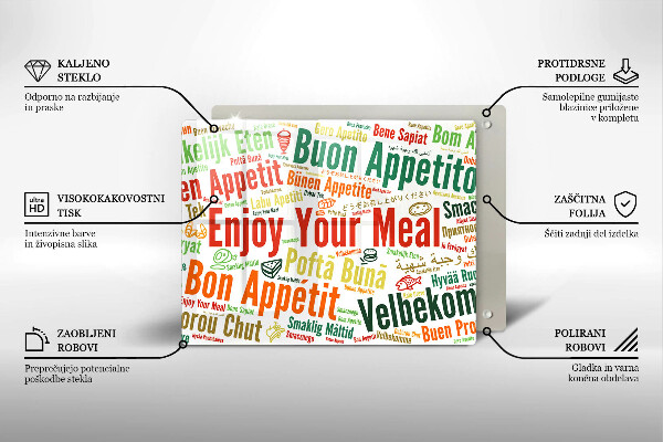 Üveg vágódeszka Feliratok Jó étvágyat nyelvek