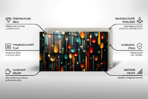 Üveg vágódeszka Színes kanalak és villák