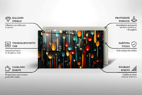 Üveg vágódeszka Színes kanalak és villák