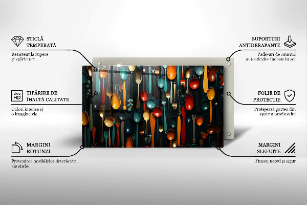 Üveg vágódeszka Színes kanalak és villák