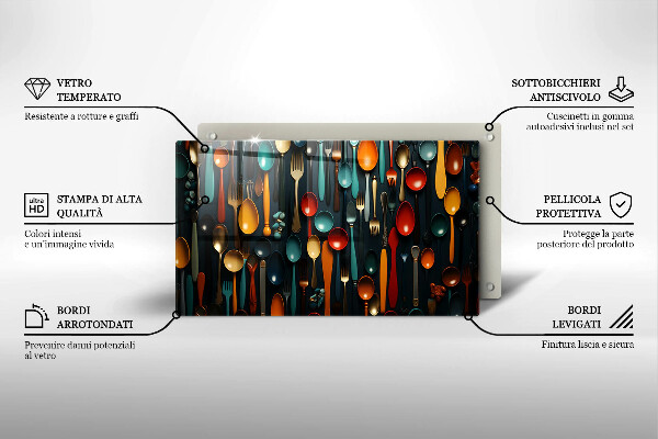 Üveg vágódeszka Színes kanalak és villák