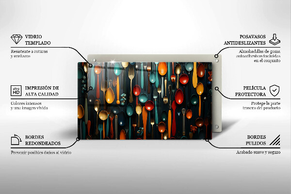 Üveg vágódeszka Színes kanalak és villák