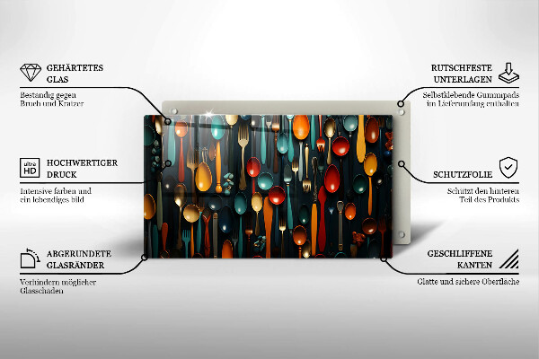 Üveg vágódeszka Színes kanalak és villák