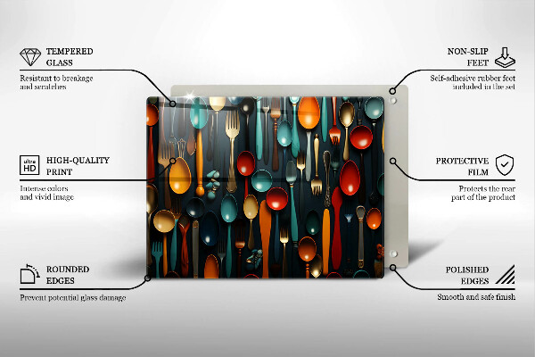 Üveg vágódeszka Színes kanalak és villák