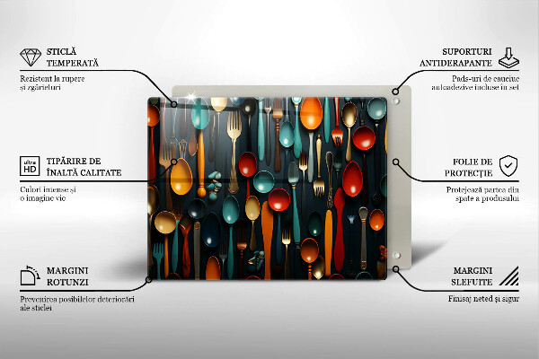 Üveg vágódeszka Színes kanalak és villák