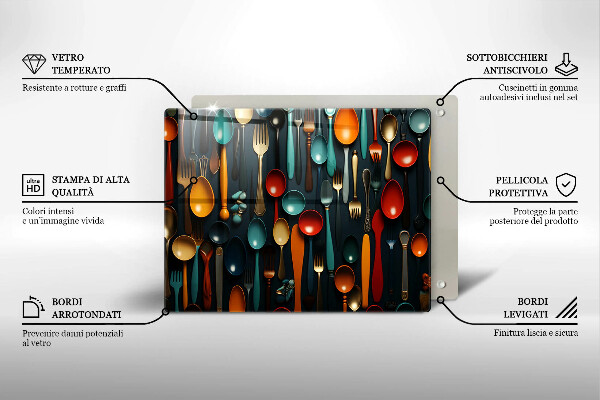 Üveg vágódeszka Színes kanalak és villák