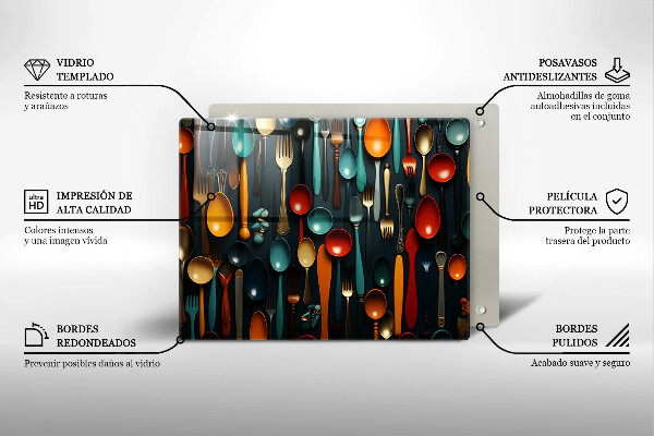 Üveg vágódeszka Színes kanalak és villák