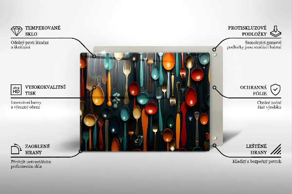 Üveg vágódeszka Színes kanalak és villák