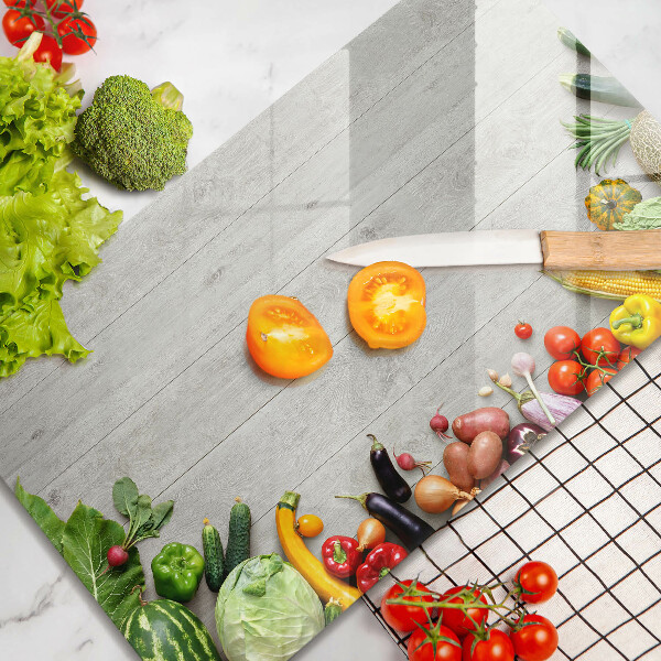 Üveg vágódeszka Zöldségek a táblákon