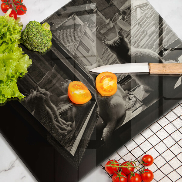 Üveg vágódeszka Macskák város és ablak