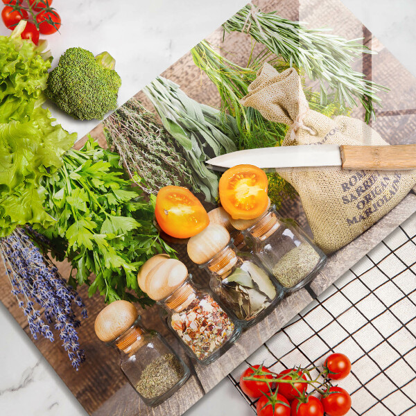 Üveg vágódeszka Gyógynövények fűszerek és fa