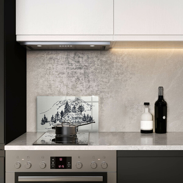 Üveg vágódeszka Rajz egy ház a hegyekben