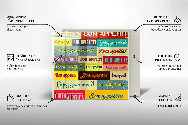 Üveg vágódeszka Feliratok Jó étvágyat nyelvek