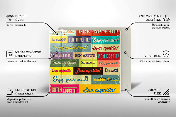 Üveg vágódeszka Feliratok Jó étvágyat nyelvek