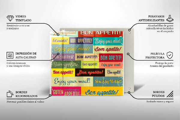 Üveg vágódeszka Feliratok Jó étvágyat nyelvek