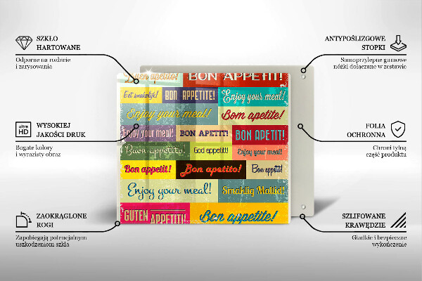 Üveg vágódeszka Feliratok Jó étvágyat nyelvek