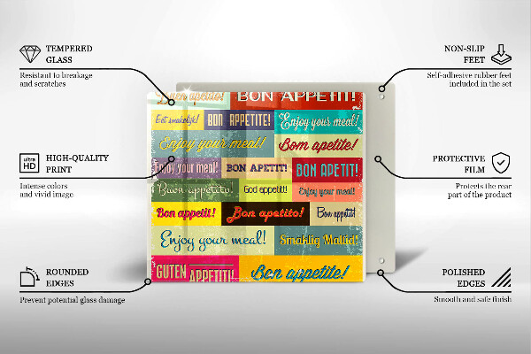Üveg vágódeszka Feliratok Jó étvágyat nyelvek