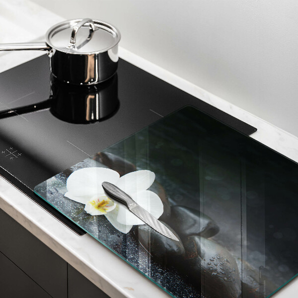 Üveg vágódeszka Fehér virág Zen kövek