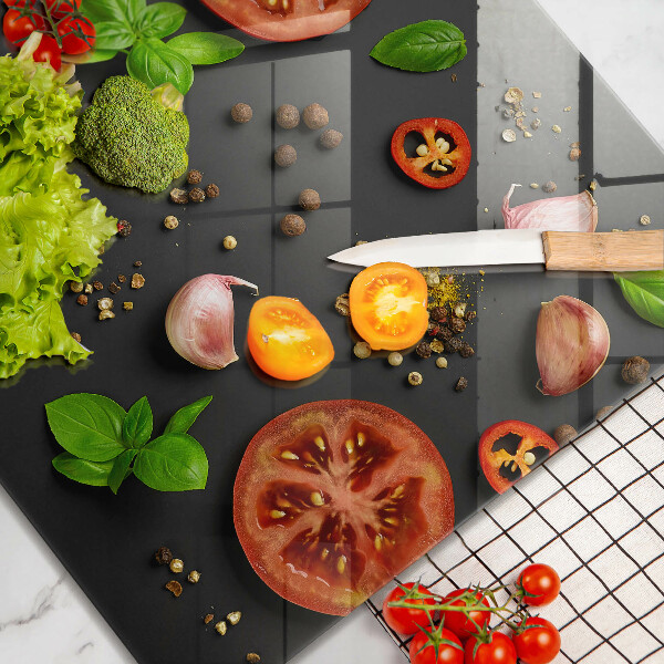 Üveg vágódeszka Paradicsom és fűszerek