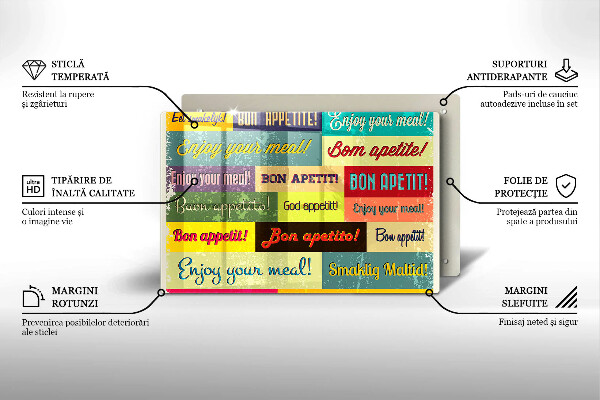 Üveg vágódeszka Feliratok Jó étvágyat nyelvek