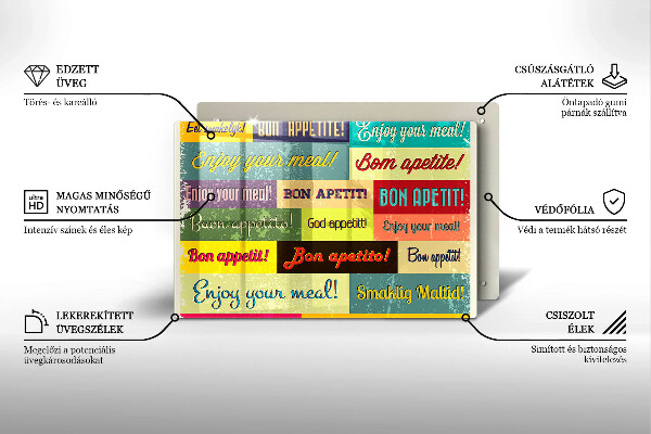 Üveg vágódeszka Feliratok Jó étvágyat nyelvek